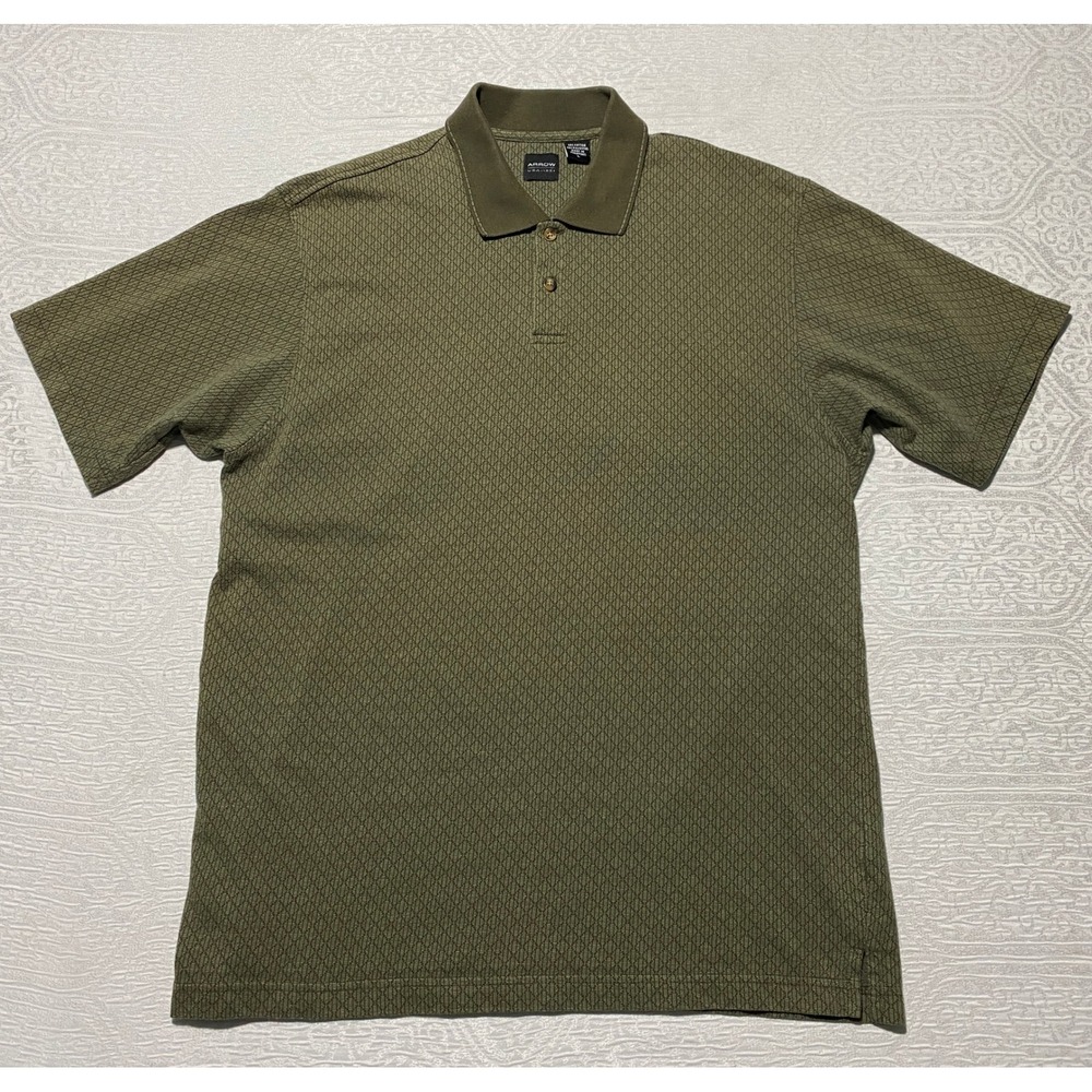 Arrow USA 1851 Mens Large Olive Green Textured Diamond Knit Polo Shirt Short Slv